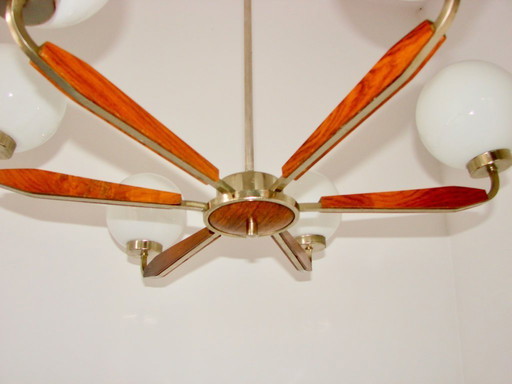 Lampadario moderno degli anni '70 - metallo, legno di teak e vetro, 6xE14