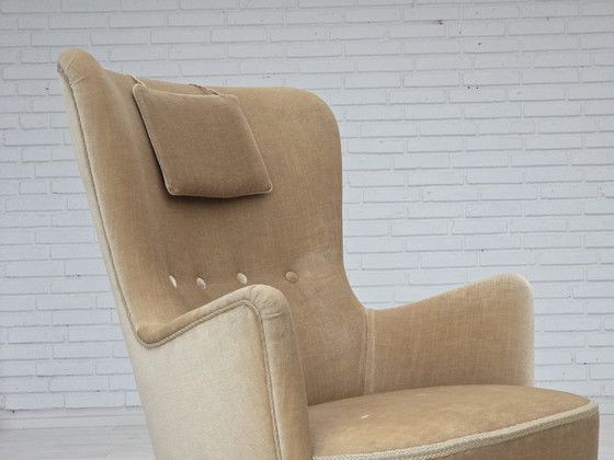 Image 1 of 1960er Jahre Dänischer Sessel in grün/braunem Möbelvelours, Originalzustand