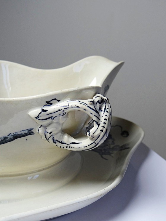 Image 1 of Antique Longwy earthenware gravy boat, late 19th-early 20th century