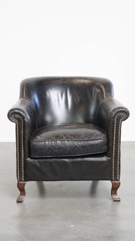 Image 1 of Zwarte generfde rundleren armchair/ fauteuil 