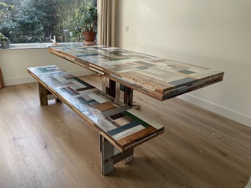 Table originale Piet Hein Eek avec banc assorti