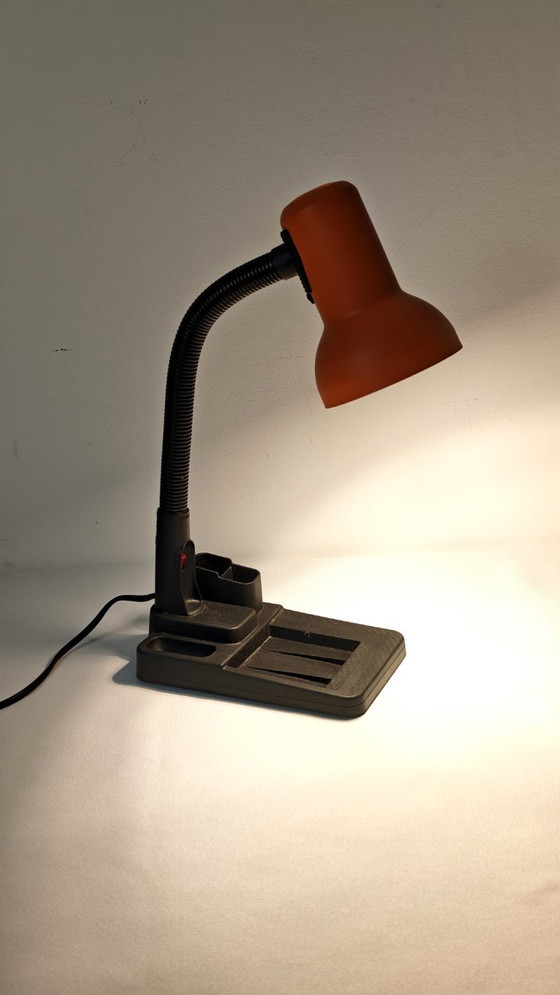 Vintage Orange Gooseneck Desk Lamp, 1990s Memphis Style Task Light, Organizer Base, Table lamps, Plastic (photo 7 of 9)