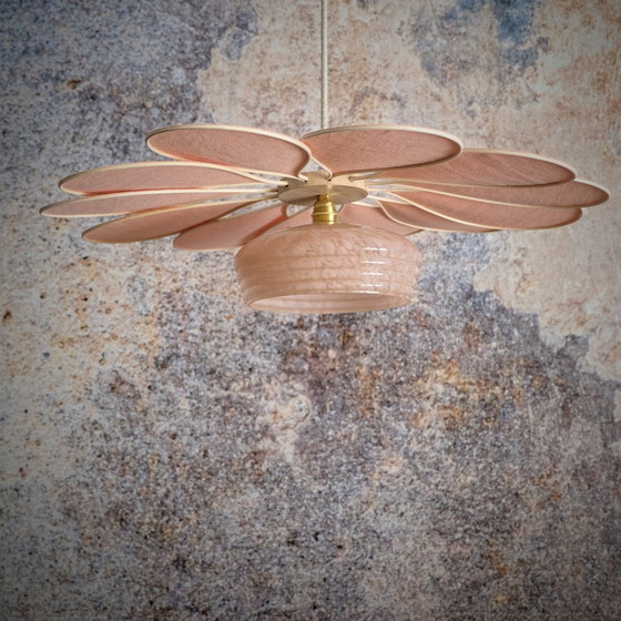 Image 1 of Blozend roze rotan en linnen bloemenhanger - Luminaires Artisanaux