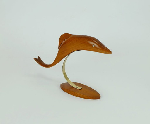 Beautiful Elegant Mid Century Wood Figurine Fish Dolphin Cherrywood Brass 1950s Deco