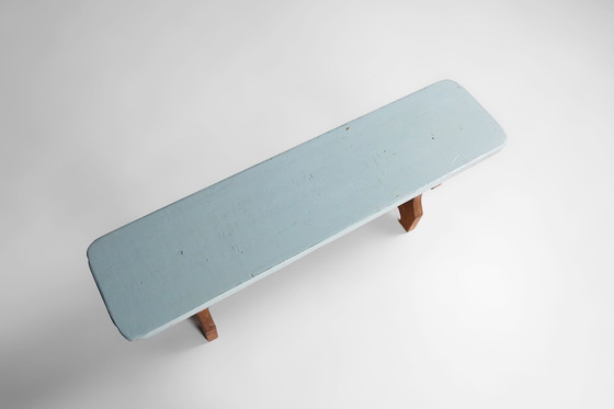 Image 1 of Banc rustique en bois Art déco avec plateau bleu, France, années 1930