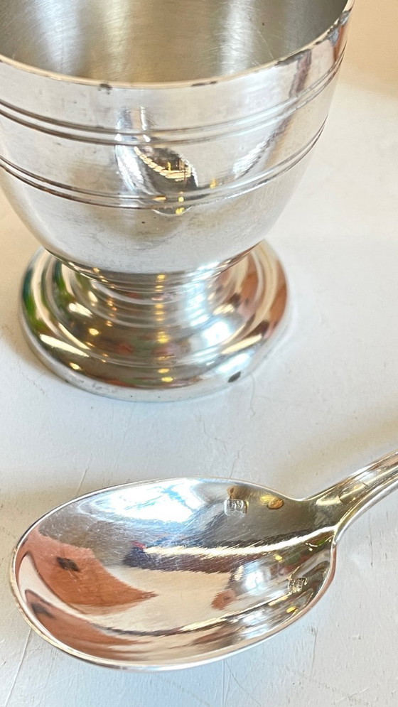 Image 1 of Vintage Silver-Plated Metal Egg Cup and Spoon for Birth