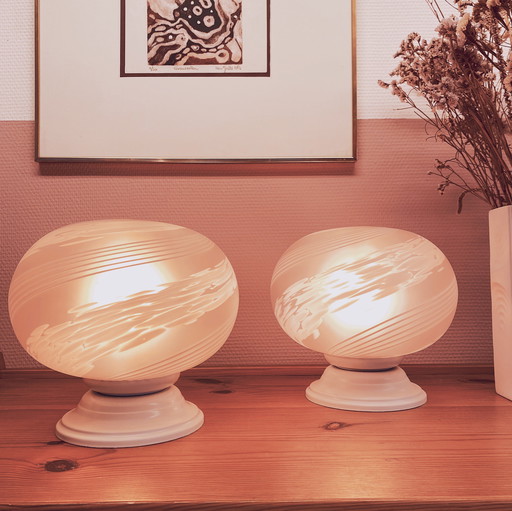 Set Of Pink Wavy Murano Glass Table Lamps