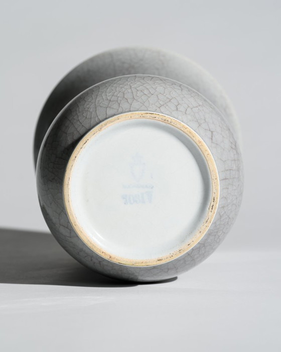 Image 1 of German Art Deco Crackle Glaze Ceramic Vase Duo Fürst Adolf Werkstätten Bückeburg