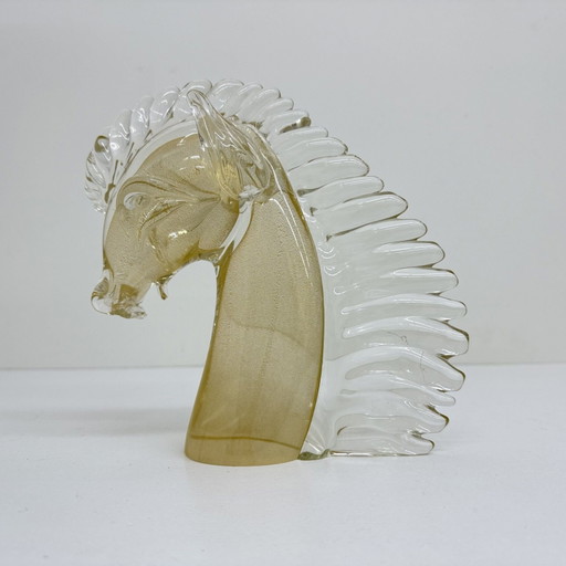 Vintage Murano glass horse head with gold leaf , 1970s
