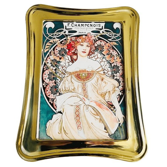 Image 1 of Dipinto vintage Art Nouveau di Alphonse Mucha Cornice in ottone Champenois degli anni '60