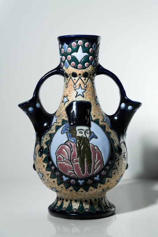 Antieke Amphora Tsjechoslowakije Vaas Dignitaris Portret Dubbele Handvatten Art Deco