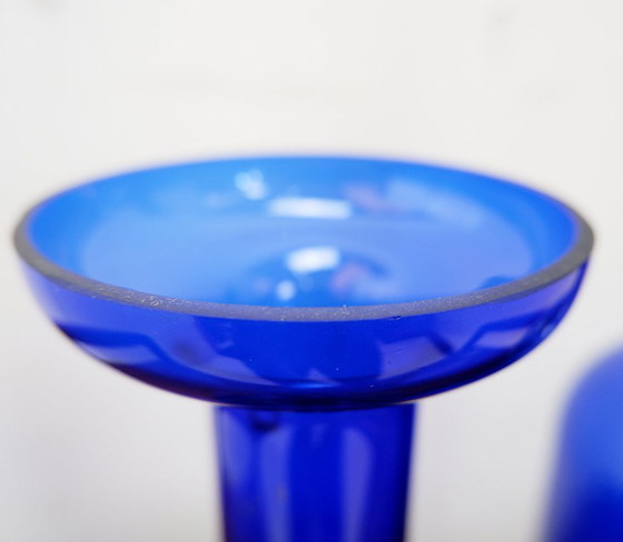 Image 1 of Pair of hand-blown cobalt blue glass vases or carafes, dating from the 1960s.