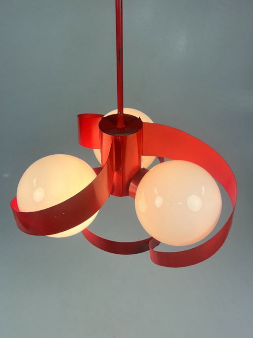 Vintage Red Metal Pendant Lamp/Chandelier, Space Age, Belgium 1970's