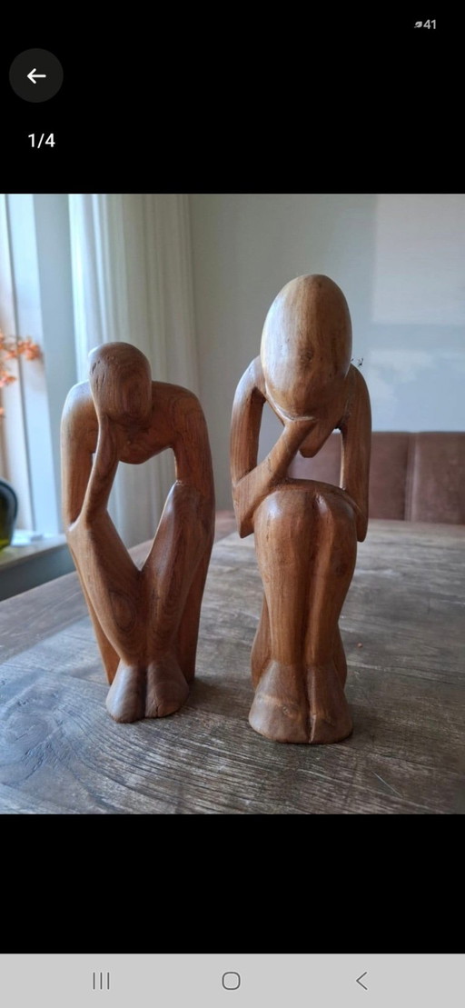 Conjunto de 2 estatuas de madera, figuras pensativas - 24 y 27 cm. – decoratieve objecten, Wood