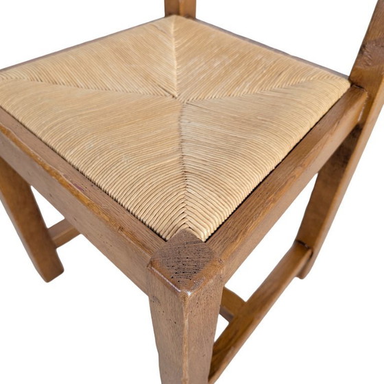 Image 1 of Ensemble de 4 chaises en chêne, style campagne française, années 1950, tressage en jonc