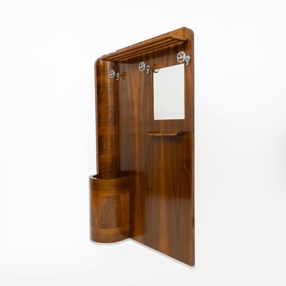 Image 1 of Italiaanse Art Deco walnotenhouten halstandaard met geïntegreerde parapluhouder