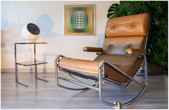 Image 1 of Fauteuil relax Lama 70's, chrome et simili cuir, repose pied repliable