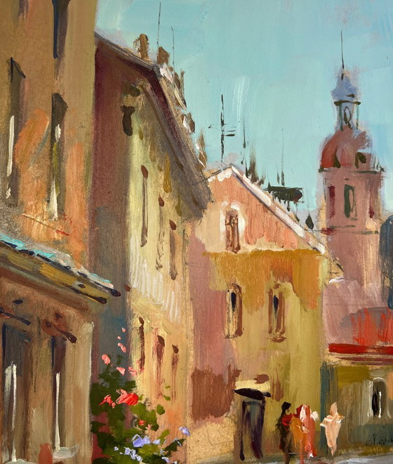Image 1 of Peinture à l'huile originale, paysage de rue de ville, ruelle d'enfance