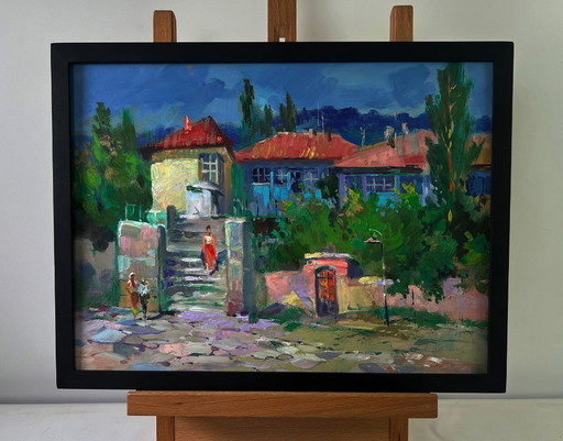 Original Oil Painting Summer House Landscape Old city building with stairs