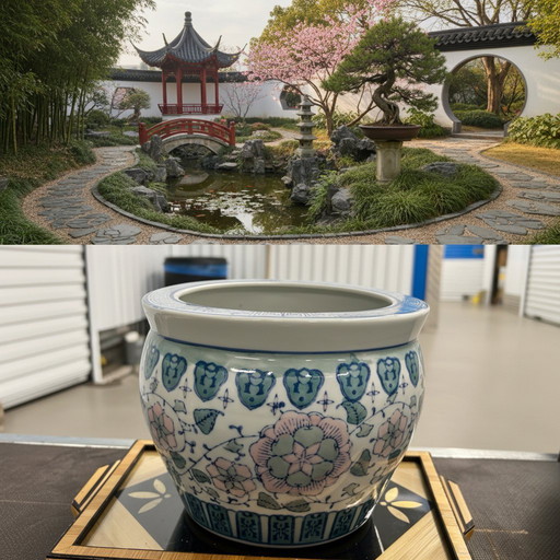 Grote origine Chinese bloempot met Griekse sleutel en bloemmotieven 1950-1980