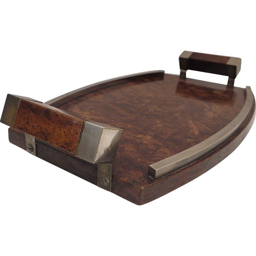 Plateau de service vintage art déco en bois de racine ou de lupia et acier chromé, France 1930