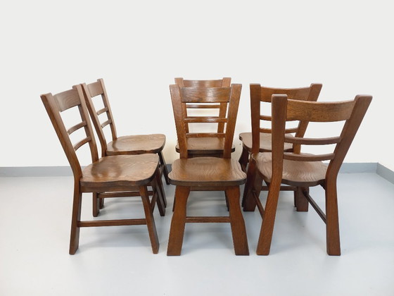 Image 1 of Set of 6 vintage brutalist oak chairs from the 1950s