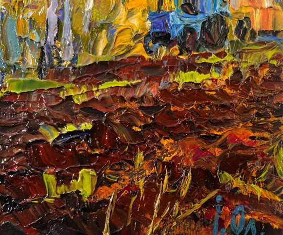 Image 1 of Original Oil Painting Nature Field Landscape Early spring over the village silence