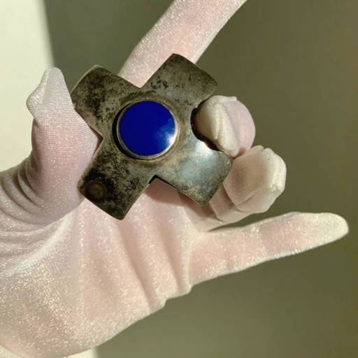 Antique Georg Jensen Era 1910-1925 Solid 925 Silver Maltese Cross Double Sided Lapis Lazuli & Onyx Hallmark GI
