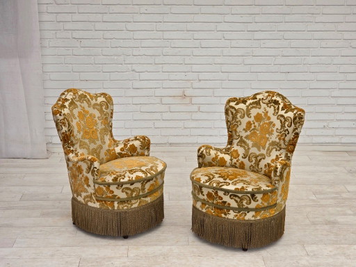 Années 1970, paire de 2 petits fauteuils danois, tissu d'ameublement marron/beige. – Textile (photo 2 of 15)