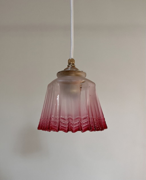 Suspension Style Art Déco / Années 30 – Verre Nervuré Givré Rose