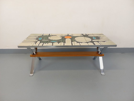Image 1 of Vintage coffee table from the 60s and 70s in ceramic, chrome metal and wood
