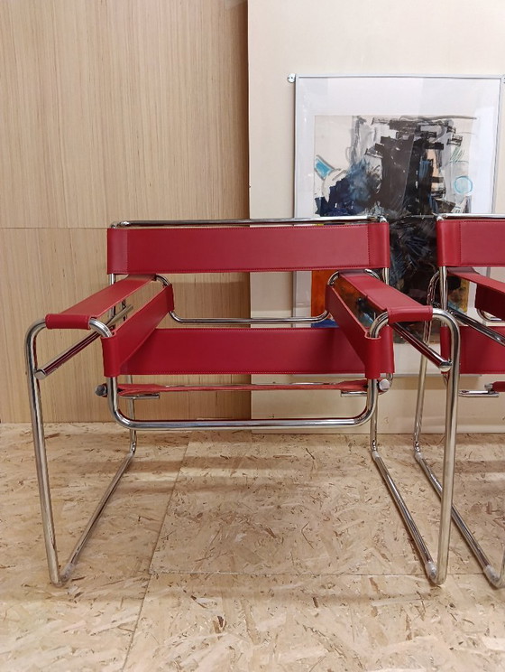 Image 1 of KNOLL Studio Set van 2 WASSILY B3 fauteuils (NIEUW) in rood leer