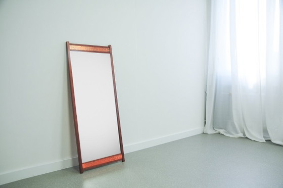 Teak Mirror with Copper Relief Strip – Glass, Wood, Vintage (photo 6 of 8)
