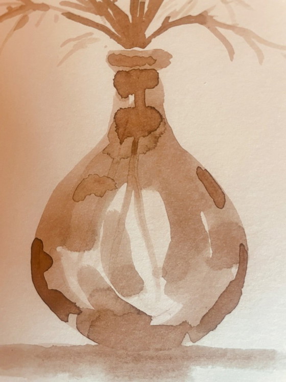 Image 1 of Signed painting, still life "dried flowers", monochrome watercolor