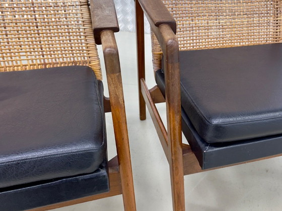 Vintage Set 2x Mid Century Design Fauteuils Muntendam Voor Gebr. Jonkers – gebroeders Jonkers, Rattan, Skai (photo 5 of 16)