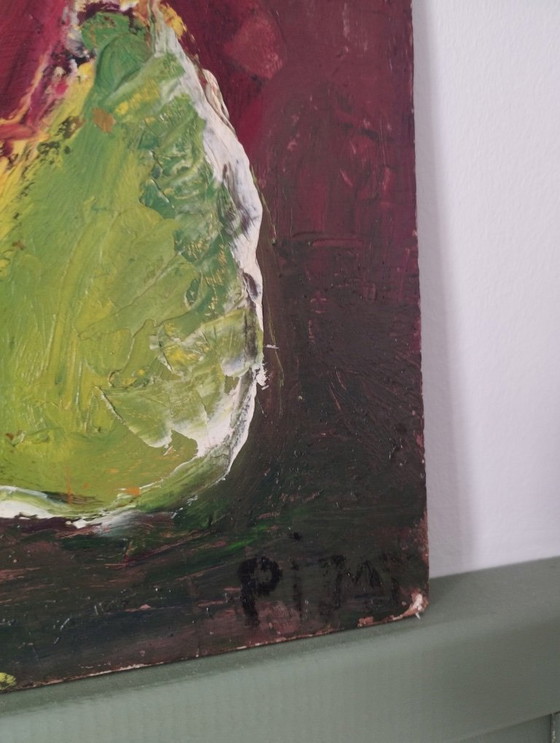 Image 1 of Still life with three fruits. Oil painting on panel.