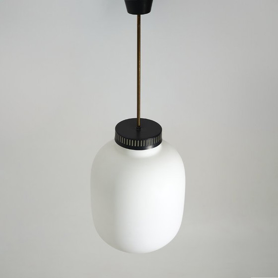 Image 1 of Chandelier in white opaline glass and brass, 1950s