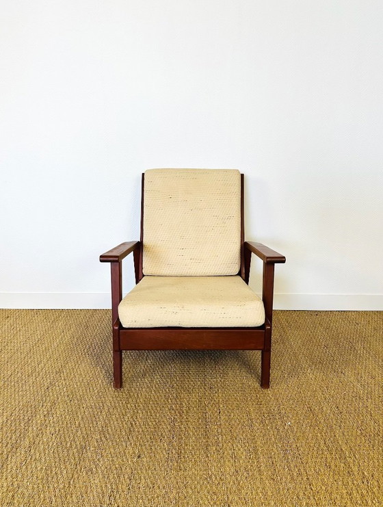 Image 1 of Vintage Scandinavische fauteuil van teakhout en beige textielstof, 1960