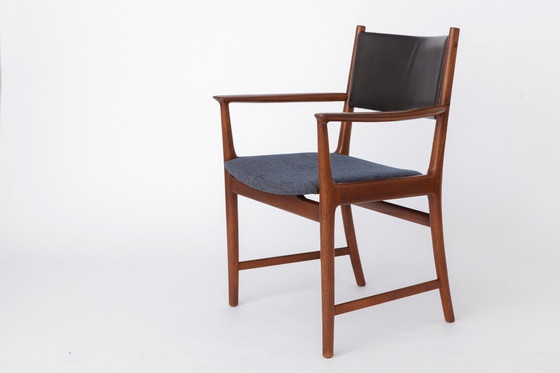 Image 1 of Set of 6 Kai Lyngfeldt Larsen Armchairs, Vejen Denmark 1960s, Danish Teak Chairs, Leather Back, Mid Century Modern