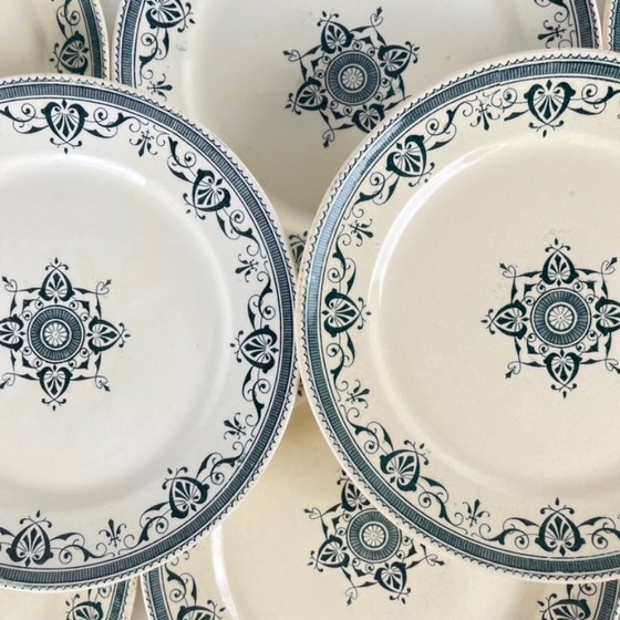 Image 1 of Set van 8 "Admiral" dessertborden van ijzersteen, Creil & Montereau, groenblauw, eind 19e eeuw