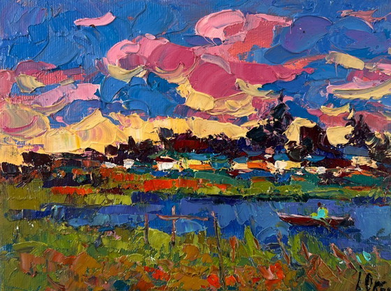 Image 1 of Original Oil Painting Evening Summer Landscape Clouds are floating