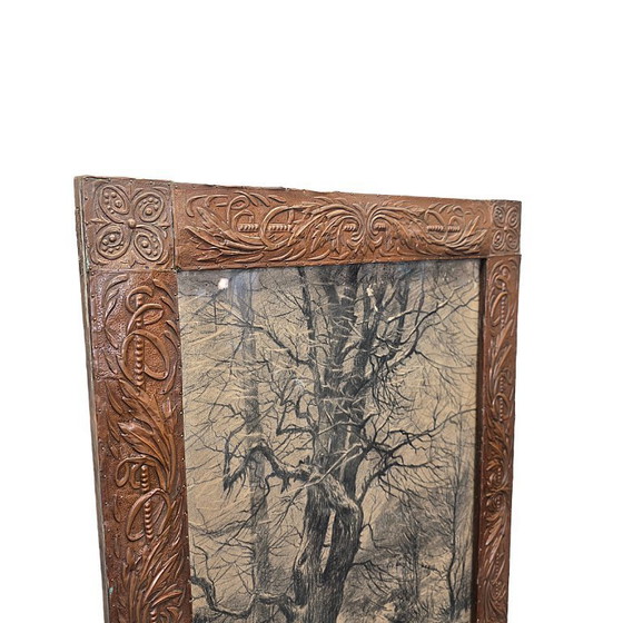Image 1 of Antique charcoal drawing in a brass frame, ca. 1900