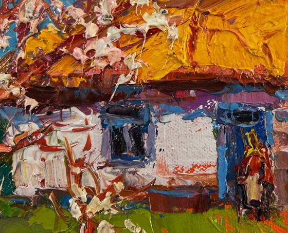 Image 1 of Original Oil Painting Spring Village Landscape Quiet comfort beneath the spreading tree