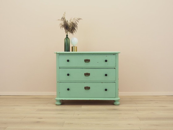 Solid pine chest of drawers painted green, three drawers, Denmark 1950s – Wood (photo 2 of 16)