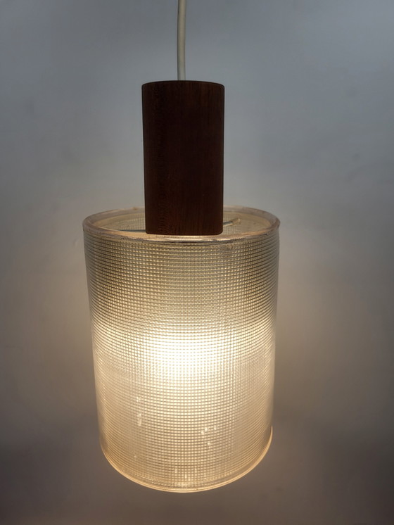Image 1 of Lampe pendante vintage, style scandinave, bois et plexiglas gaufré, années 1980
