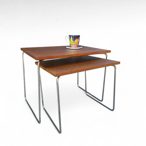 Image 1 of Juego de 2 mesas auxiliares Brabantia, tablero de wengué, patas cromadas