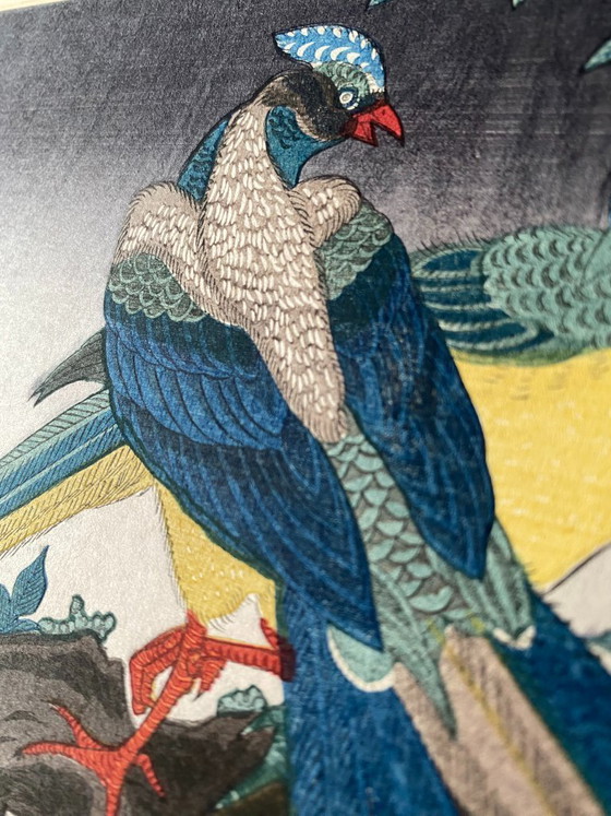 Image 1 of Estampe japonaise authentique sur bois - Oiseaux et fleurs - Éventail - Regravée dans les années 1920