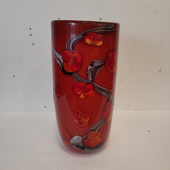 Image 1 of Jarrón floreado rojo, vidrio de Murano, 90’s - Italia