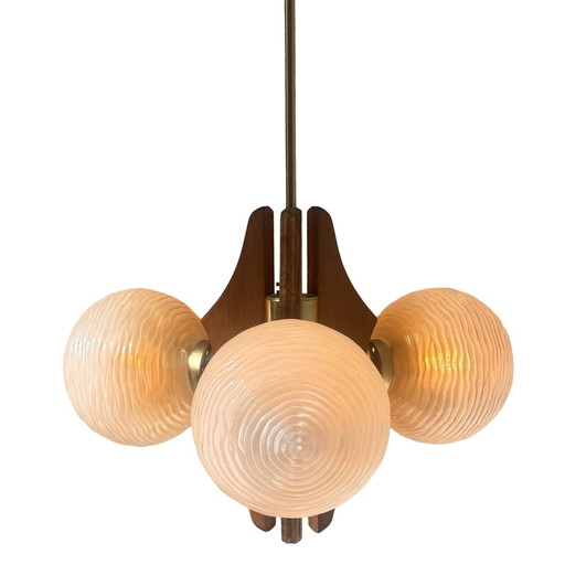 Hanging pendant - Model Sputnik - Wooden base, brass details and three glass domes - Mcm / Space Age Design