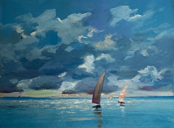Image 1 of Peinture à l'huile originale, paysage marin d'été. Le soleil derrière les nuages.